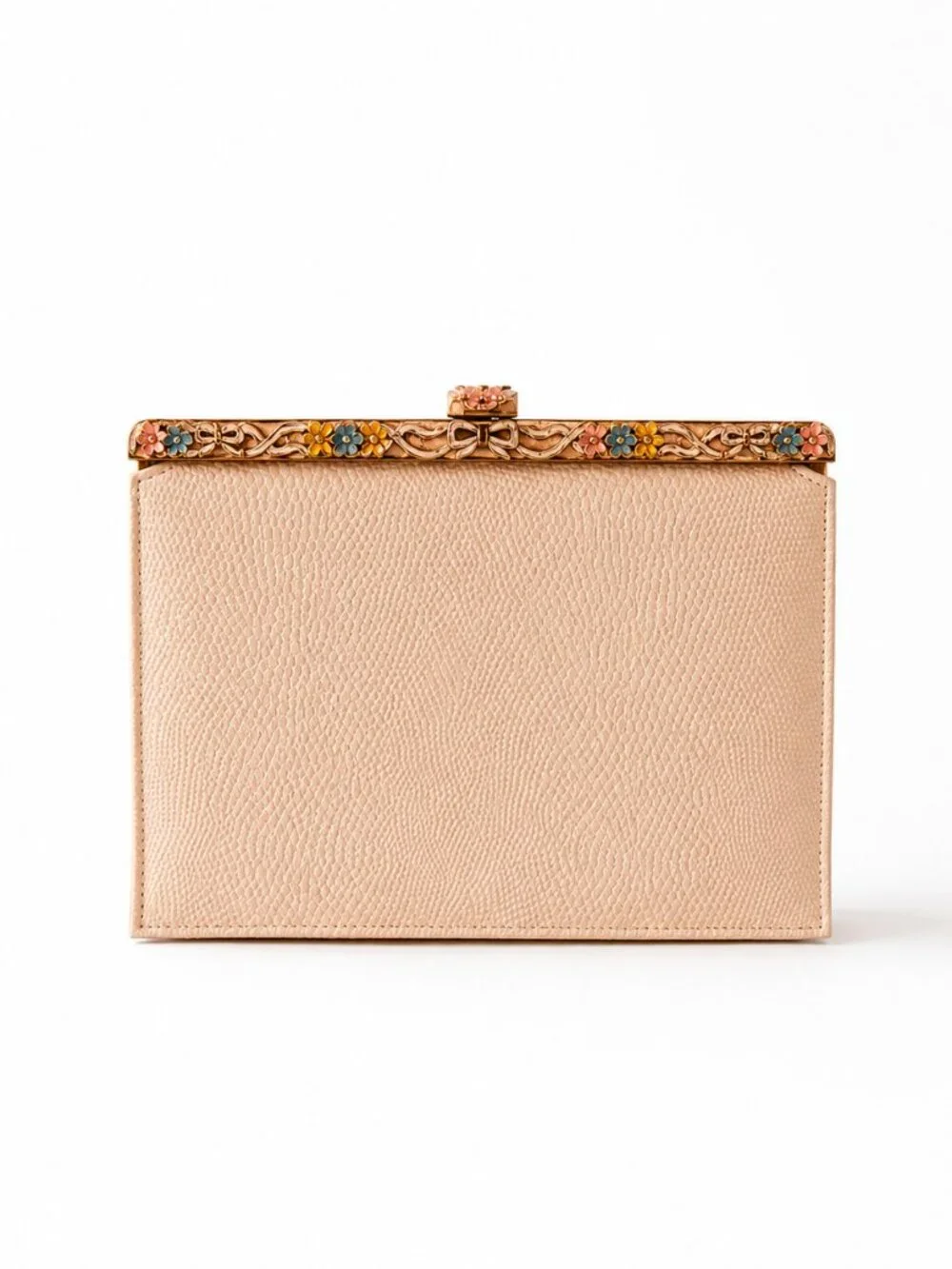 Vintage Ivory Reptile Embossed Evening Bag Floral Enamel Frame Clutch Purse Hand